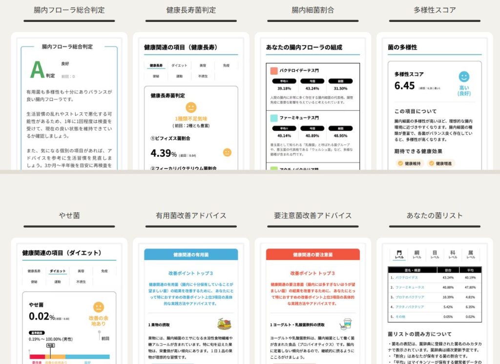 Mykinso（マイキンソー）の検査結果レポートサンプル。属レベルでの網羅的な解析項目