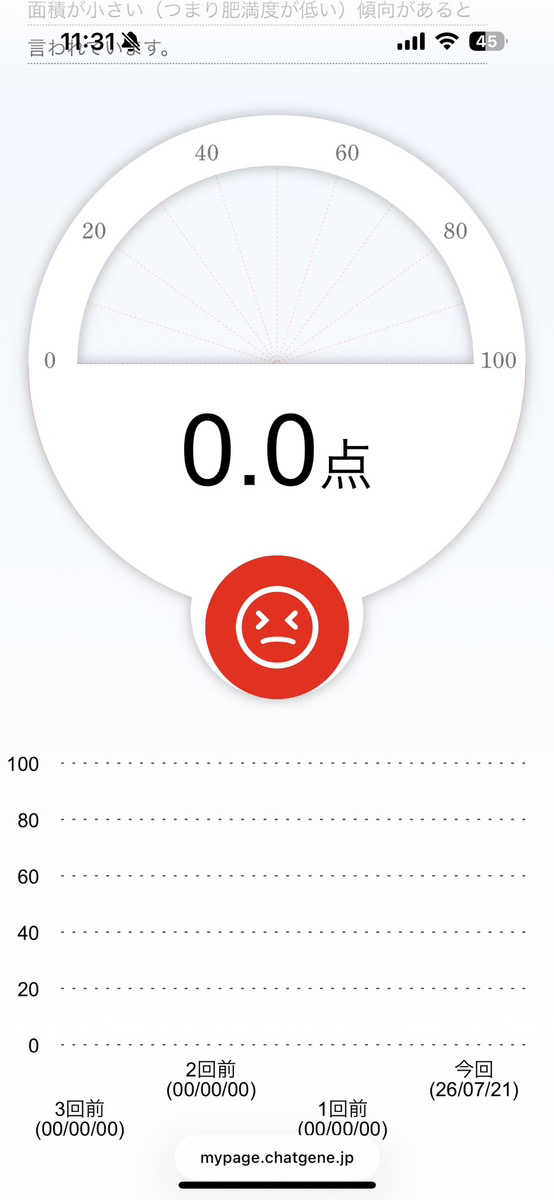 ブラウティア菌のスコア0.0点が表示された結果画面