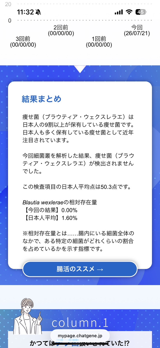 ブラウティア菌は今回検出されず相対存在量0.00％と表示された結果画面