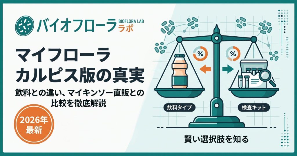 マイフローラ カルピス版の腸内フローラ検査キット解説記事アイキャッチ。飲料版との違いやマイキンソー直販との比較を網羅。