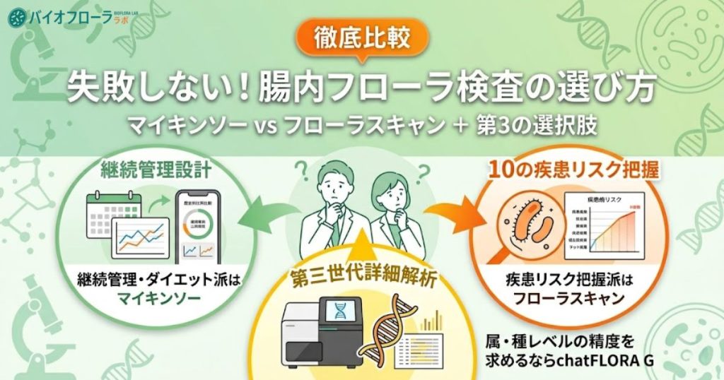 フローラスキャン、マイキンソー、chatFLORA Gを比較し、失敗しない腸内フローラ検査の選び方を解説するアイキャッチ画像