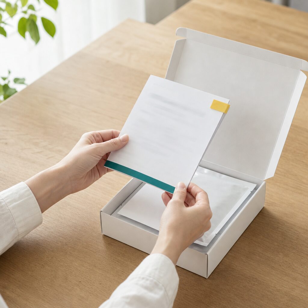 届いた白い無地の箱を開け、中の検査キットと説明書を取り出している手元